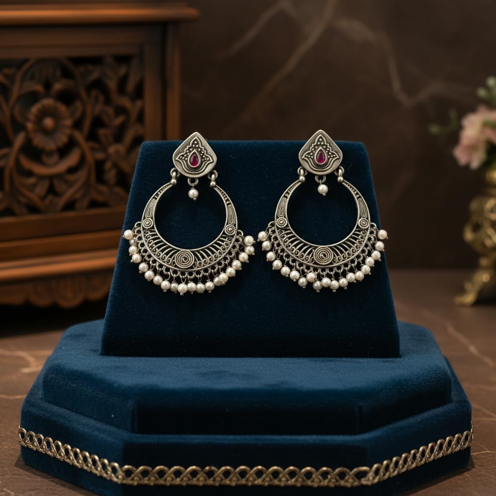 1530-Pretty Precious Oxidised Silver Stylish Party Wear Earrings for Women and Girls-Ruby