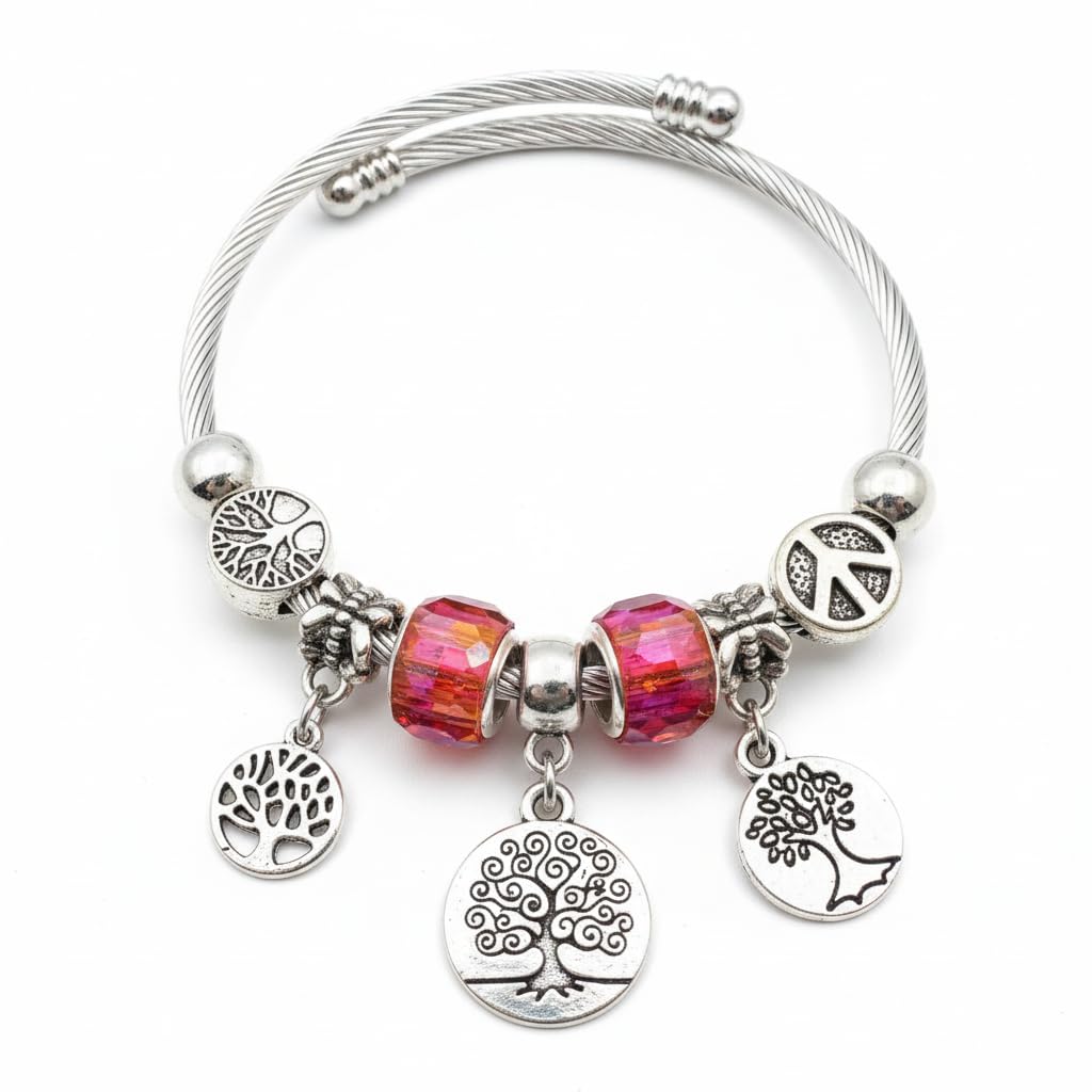 1436-Pretty Precious Silver Cable Charm Bracelet with Beads, Twisted Wire Bangle with Heart Lock, Clover, Butterfly, Pearl Charms