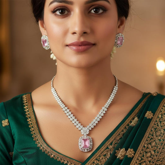 1403-Pretty Precious AD Necklace Set for Women | Rhodium Plated American Diamond Necklace & Earrings Set | Party, Wedding & Festive Jewellery-Pink Colour