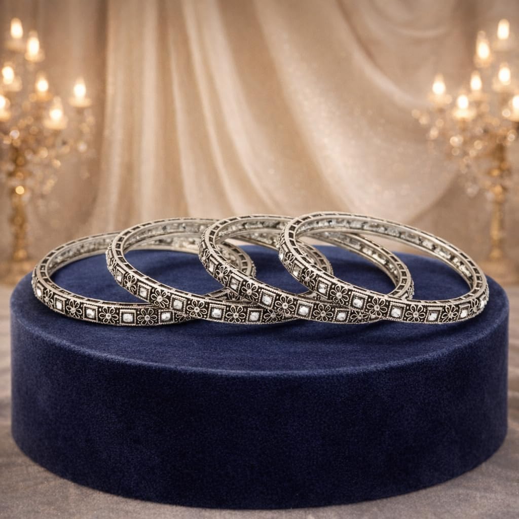 802360-Pretty Precious Oxidised Silver Bangles, Traditional Ethnic Style, Antique Finish, Size 2.4, 2 Pair, 4 Pieces-Ruby Stone