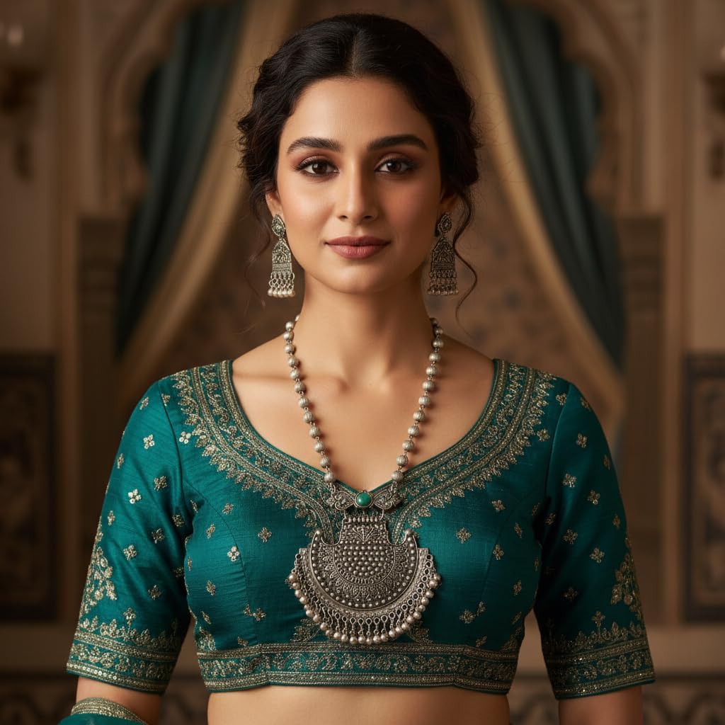 1565-Pretty Precious Latest Stylish Traditional Oxidised Silver Pendant Set for Women & Girls | Ethnic Necklace Jewellery Set for Festive & Casual Wear-Green