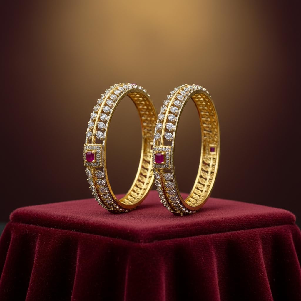 1476-Pretty Precious Two Tone Cubic Zirconia/American Diamond Traditional Bangles/Bracelet Set of 2 for Women and Girls- (Size 2.6)-Ruby