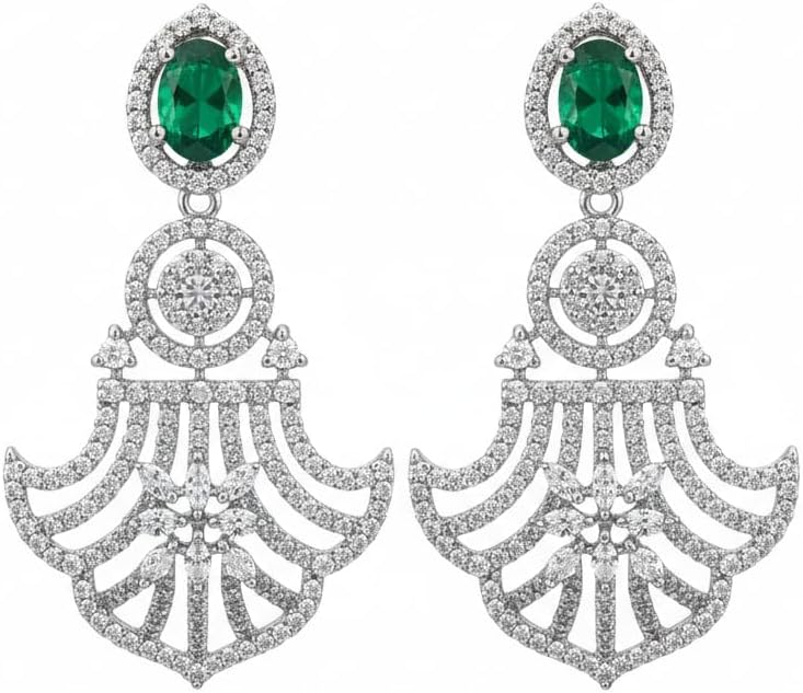 437659-Pretty Precious Rhodium Plated American Diamond Earrings for Women & Girls | AD Stud Earrings | Sparkling Cubic Zirconia Jewellery | Elegant Party & Daily Wear-Green