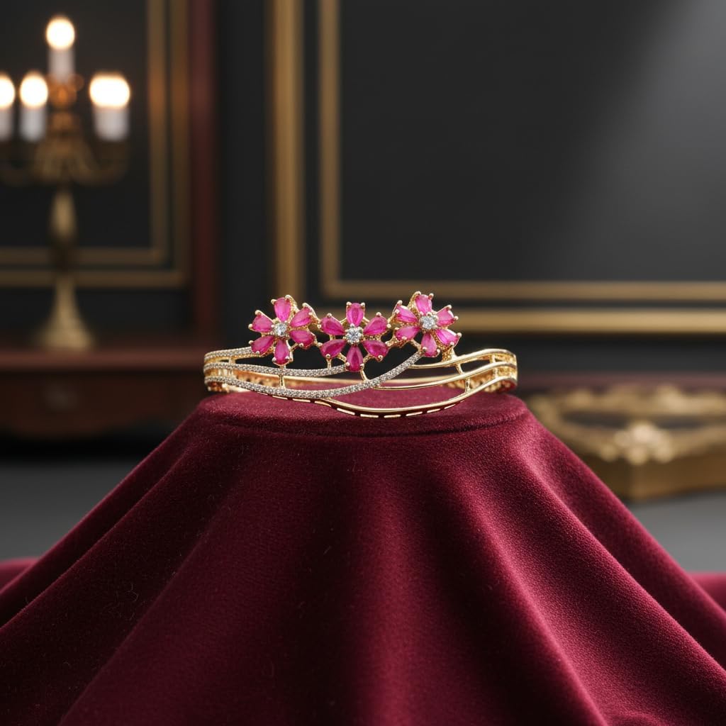 1434-Pretty Precious American Diamond Openable Kada Bracelet for Women, Gold & Silver Plating, Cubic Zirconia, One Size, Party & Wedding-Ruby