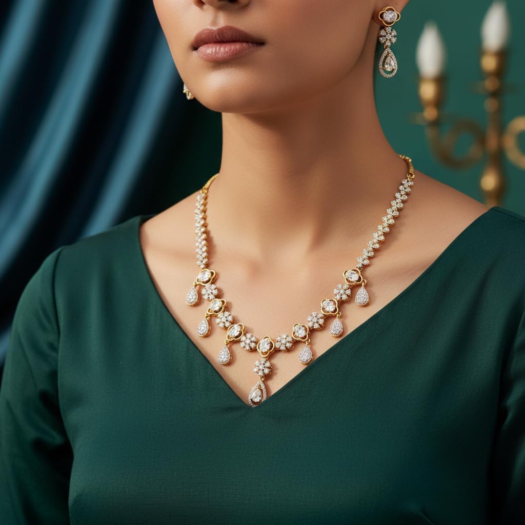 434054-Pretty Precious American Diamond Gold Plated Necklace and Earrings Set for Women, Floral Teardrop Design, Wedding Bridal Party Jewellery-White