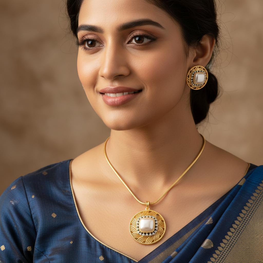 1389-Pretty Precious AD Two Tone Pendant Set for Women | American Diamond Pendant with Earrings & Chain | Elegant Party, Wedding & Daily Wear Jewellery-Pearl (Moti)