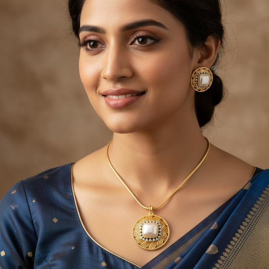 1389-Pretty Precious AD Two Tone Pendant Set for Women | American Diamond Pendant with Earrings & Chain | Elegant Party, Wedding & Daily Wear Jewellery-Pearl (Moti)