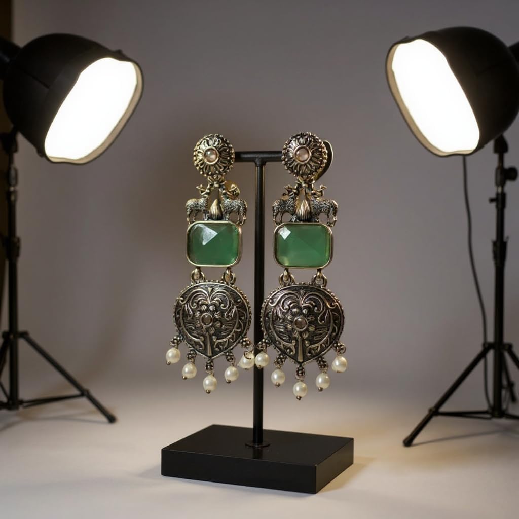 1358-Pretty Precious Oxidised Silver Stylish Party Wear Earrings for Women and Girls-Aqua Colour