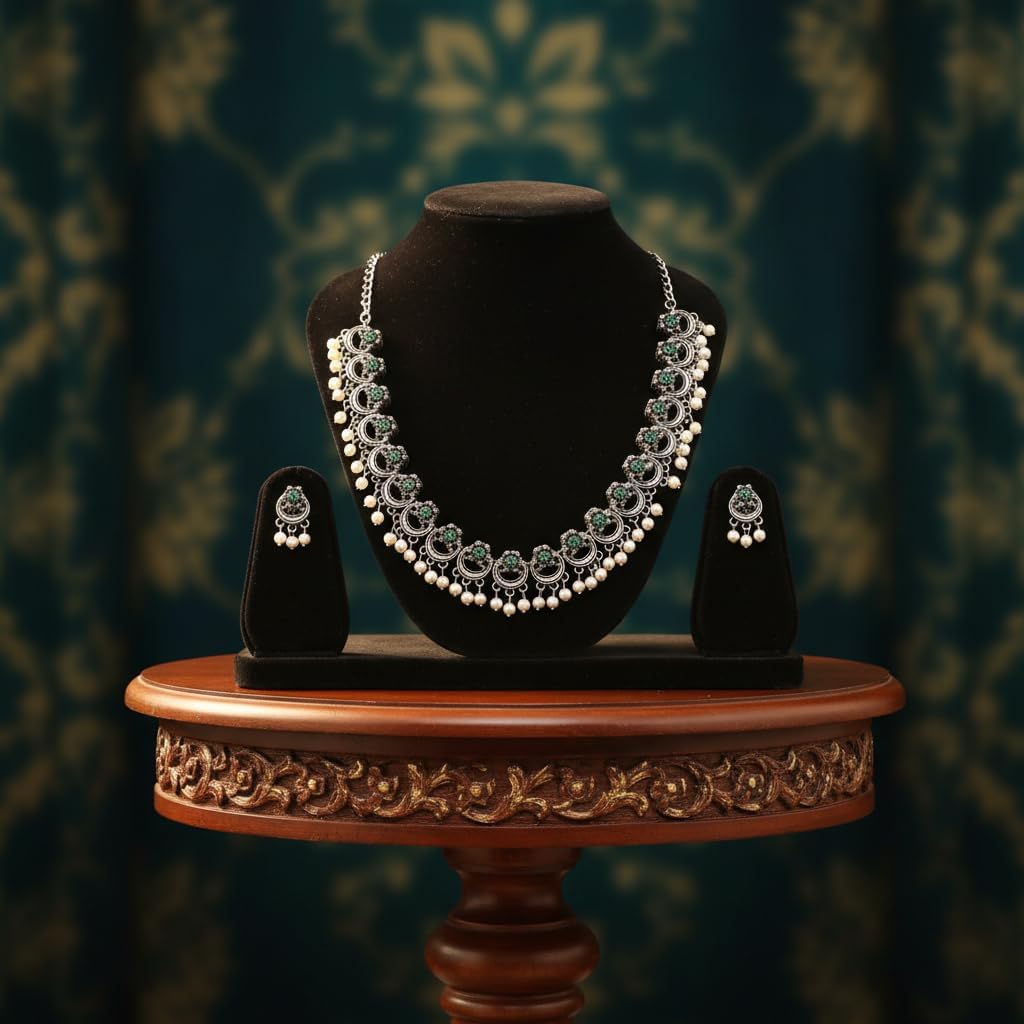 1557-Pretty Precious Latest Stylish Traditional Oxidised Silver Necklace Jewellery Set for Women | Antique Finish Ethnic Necklace with Matching Earrings | Festive & Party Wear-Green Colour