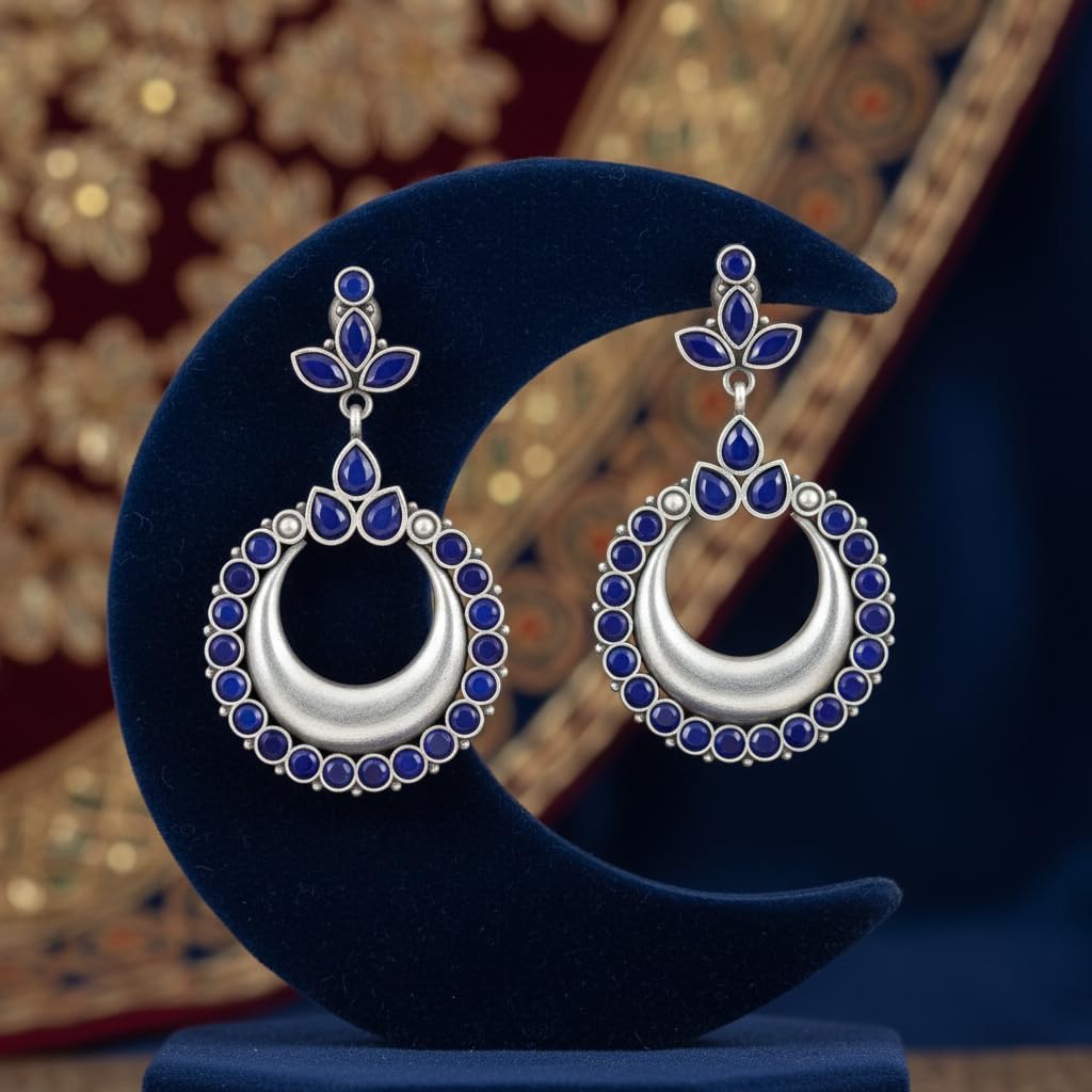 1535-Pretty Precious Oxidised Silver Stylish Party Wear Earrings for Women and Girls-Blue & Ruby White