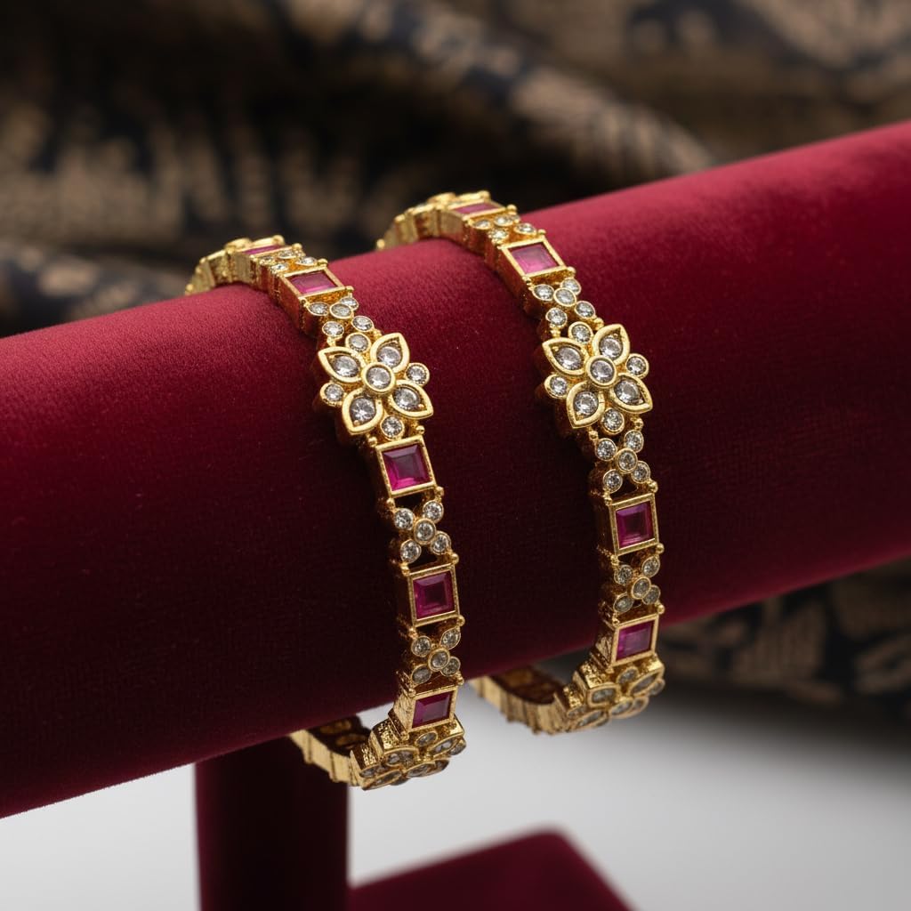1495-Pretty Precious Gold Plated Cubic Zirconia/American Diamond Traditional Bangles/Bracelet Set of 2 for Women and Girls- Ruby (Size 2.4)