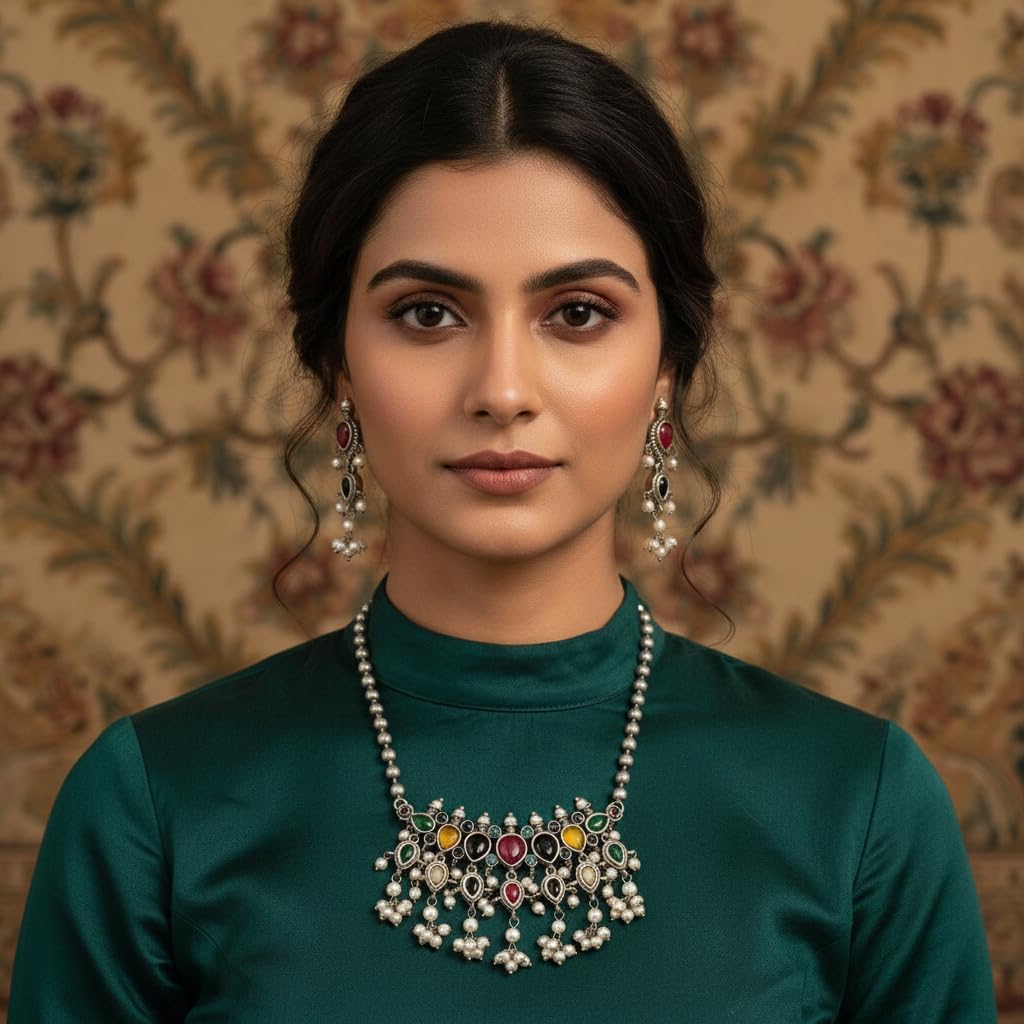 1544-Pretty Precious Latest Stylish Traditional Oxidised Silver Necklace Jewellery Set for Women | Antique Finish Ethnic Necklace with Matching Earrings | Festive & Party Wear-Multi Colour