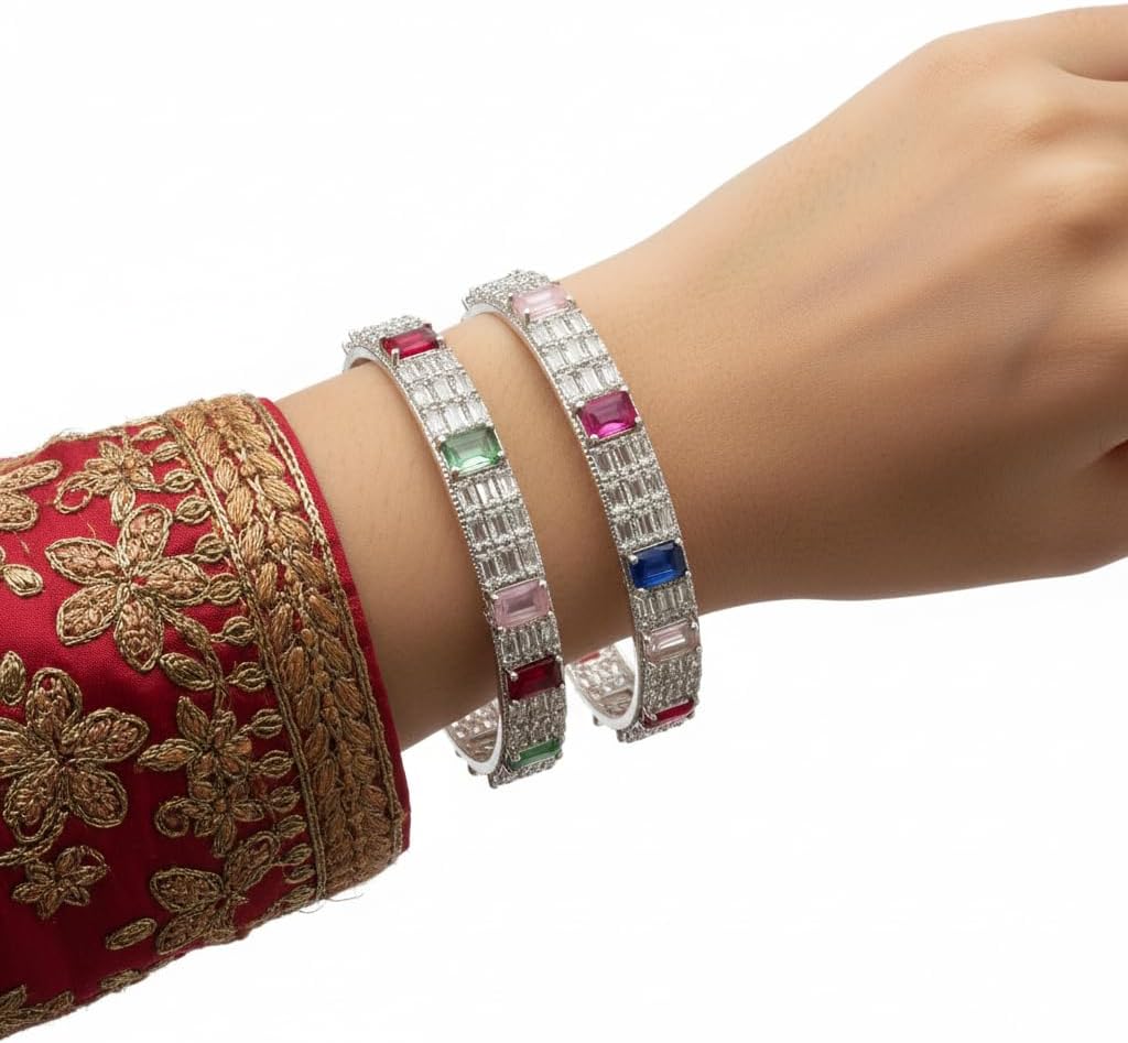 1461-Pretty Precious Rodhium-Plated Cubic Zirconia/American Diamond Traditional Bangles/Bracelet Set of 2 for Women and Girls -Multicolour (Size 2.4)