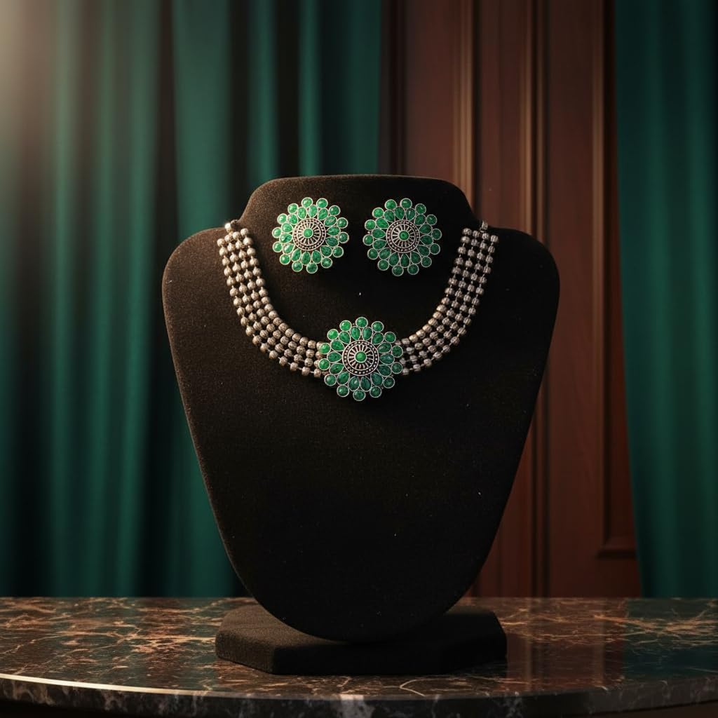 1552-Pretty Precious Latest Stylish Traditional Oxidised Silver Necklace (Choker) Jewellery Set for Women | Antique Finish Ethnic Necklace (Choker) with Matching Earrings | Festive & Party Wear-Green