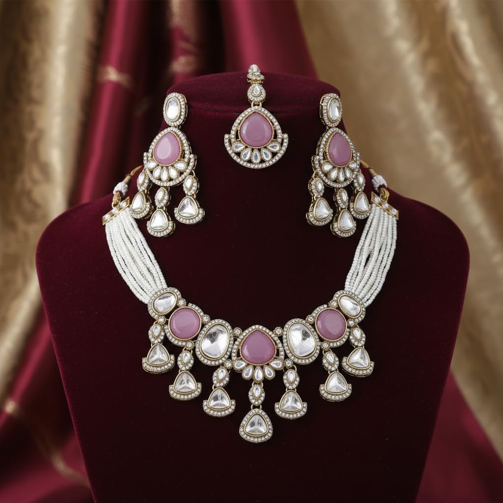 112830-Pretty Precious Kundan Necklace Set with Maang Tikka and Earrings for Women & Girls | Gold Plated Traditional Bridal Jewellery Set | Wedding, Festive & Party Wear-Pink