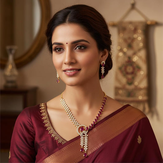 1404-Pretty Precious AD Necklace Set for Women | Two Tone American Diamond Necklace & Earrings Set | Party, Wedding & Festive Jewellery-Ruby Colour