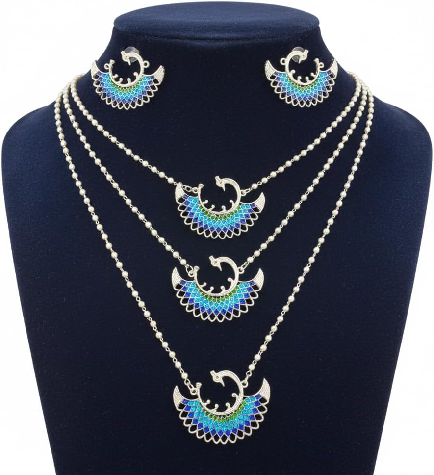 1556-Pretty Precious Latest Stylish Traditional Oxidised Silver Necklace Jewellery Set for Women | Antique Finish Ethnic Necklace with Matching Earrings | Festive & Party Wear-Aqua with Blue