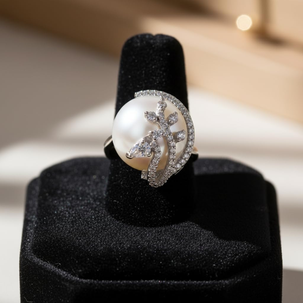 442408-Pretty Precious Pearl & American Diamond Adjustable Ring for Women | Silver Tone Statement Finger Ring | Elegant Party & Wedding Jewellery-Silver with Pearl