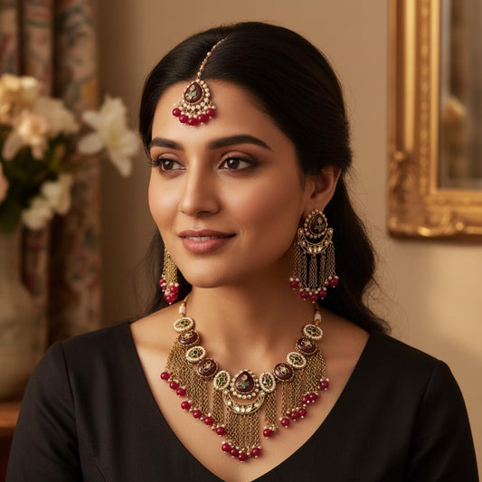112800-Pretty Precious Kundan Necklace Set with Maang Tikka and Earrings for Women & Girls | Gold Plated Traditional Bridal Jewellery Set | Wedding, Festive & Party Wear-Rani