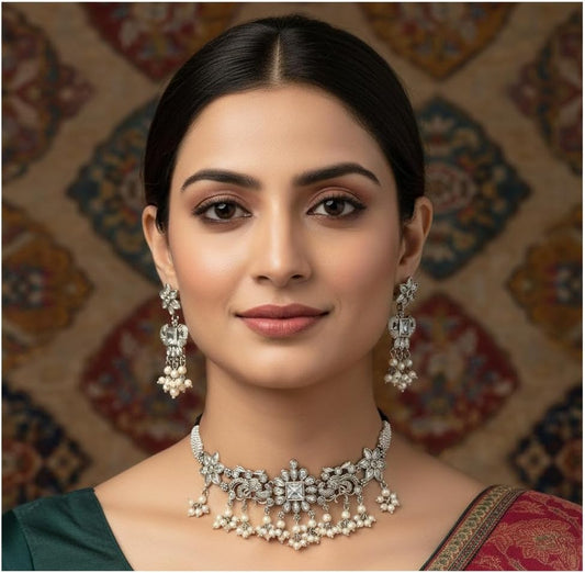 1555-Pretty Precious Latest Stylish Traditional Oxidised Silver Necklace (Choker) Jewellery Set for Women | Antique Finish Ethnic Necklace (Choker) with Earrings | Festive & Party Wear-White Colour