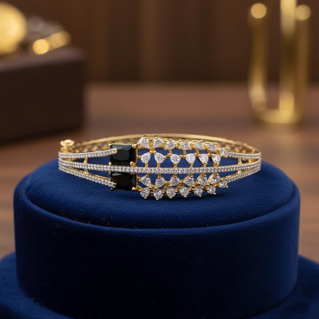 1419-Pretty Precious American Diamond Openable Kada Bracelet for Women, Gold & Silver Plating, Cubic Zirconia, One Size, Party & Wedding-Black