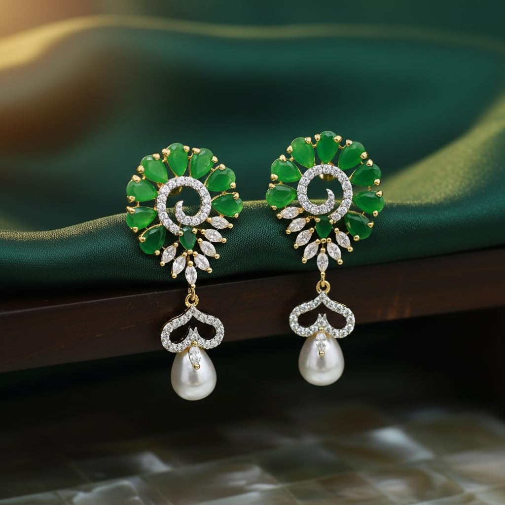 438463-Pretty Precious Two Tone Plated American Diamond Earrings for Women & Girls | AD Cubic Zirconia Stud Earrings | Gold & Silver Tone Elegant Jewellery | Party & Wedding Wear-Green