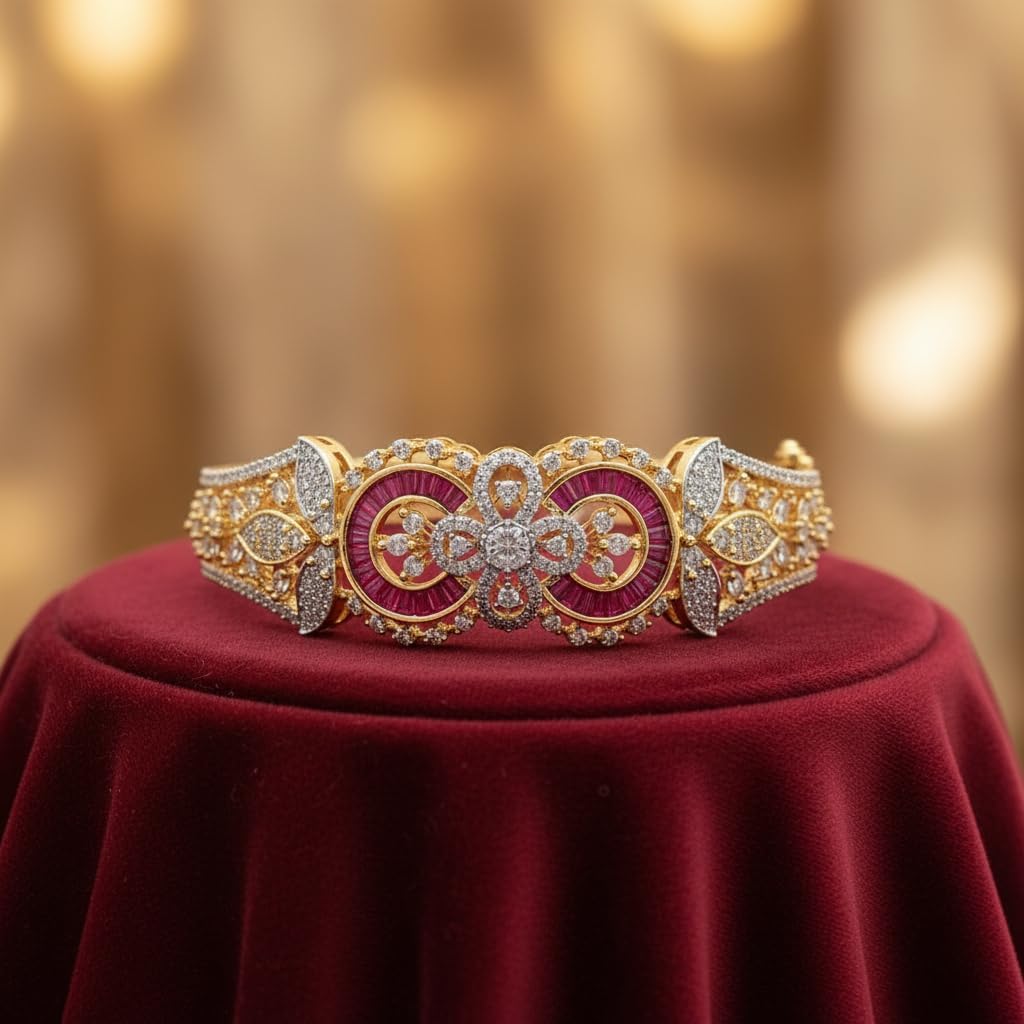 1432-Pretty Precious American Diamond Openable Kada Bracelet for Women, Gold & Silver Plating, Cubic Zirconia, One Size, Party & Wedding-Ruby