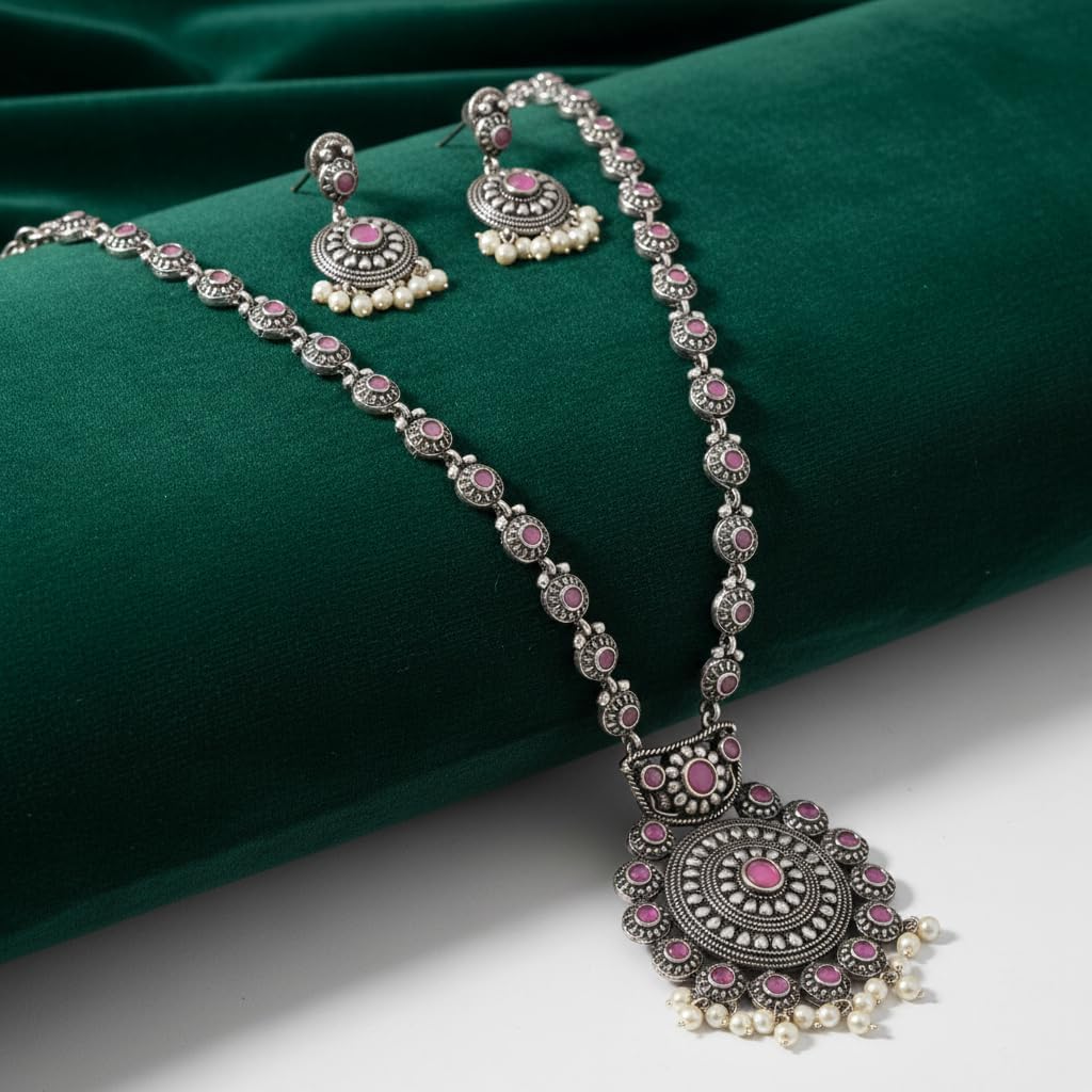 1561-Pretty Precious Latest Stylish Traditional Oxidised Silver Necklace Jewellery Set for Women | Antique Finish Ethnic Necklace with Matching Earrings | Festive & Party Wear-Pink Colour