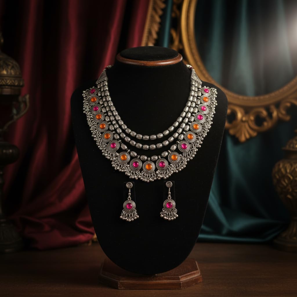 1558-Pretty Precious Latest Stylish Traditional Oxidised Silver Necklace Jewellery Set for Women | Antique Finish Ethnic Necklace with Matching Earrings | Festive & Party Wear-White Colour