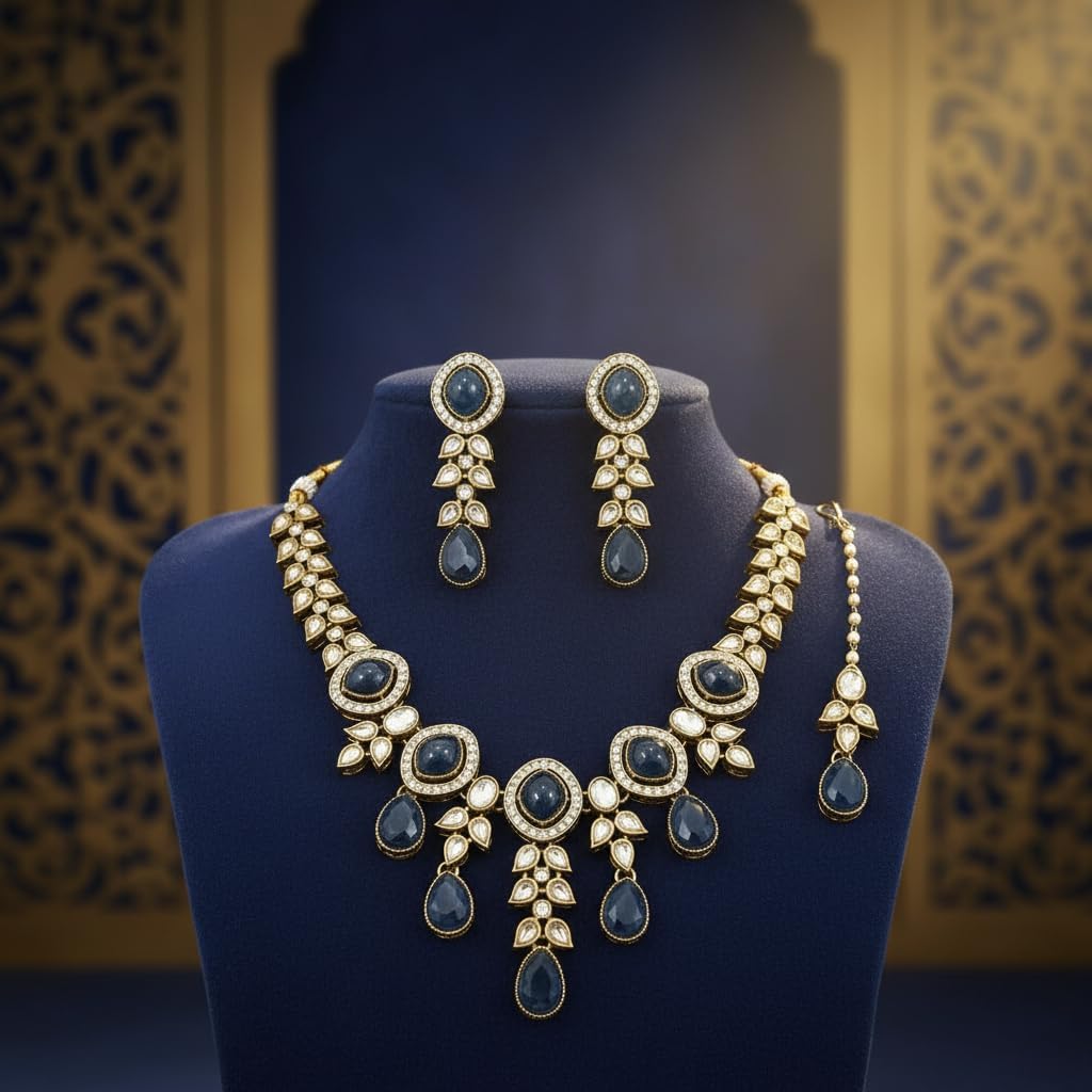 112503-Pretty Precious Kundan Necklace Set with Maang Tikka and Earrings for Women & Girls | Gold Plated Traditional Bridal Jewellery Set | Wedding, Festive & Party Wear-Blue Colour