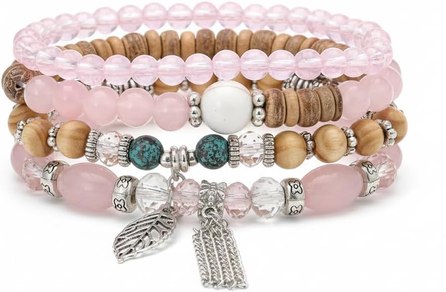 BC26154-Pretty Precious Boho Stackable Beaded Bracelet Set – Elastic Bracelets for Women – Coastal Inspired – Adjustable Handmade Beaded Bracelet (4-Piece Set)-Assorted Colour (Pink)