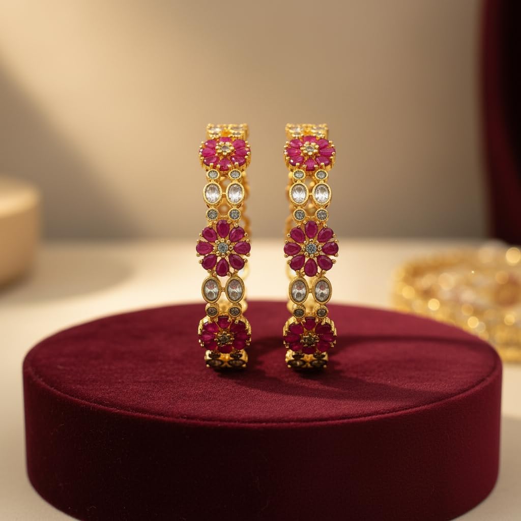 1489-Pretty Precious Gold Plated Cubic Zirconia/American Diamond Traditional Bangles/Bracelet Set of 2 for Women and Girls- Ruby (Size 2.8)