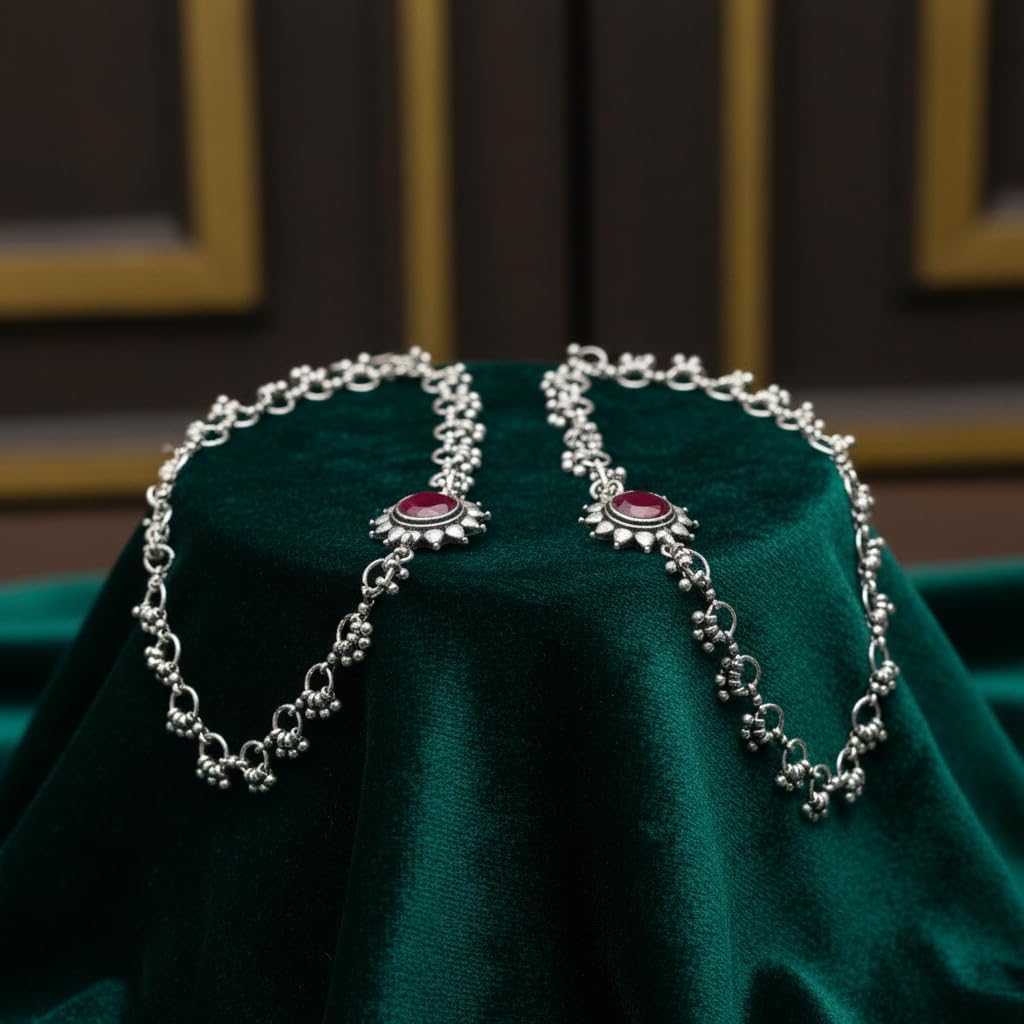 1517-Pretty Precious Oxidised Silver Anklet with Stone Embellishments, Twisted Chain Design, Decorative Clasp-Ruby Colour