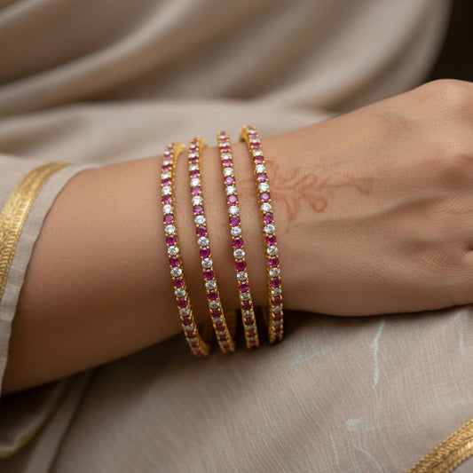 1484-Pretty Precious Gold Plated Cubic Zirconia/American Diamond Traditional Bangles/Bracelet Set of 4 for Women and Girls- Pearl (Size 2.8)