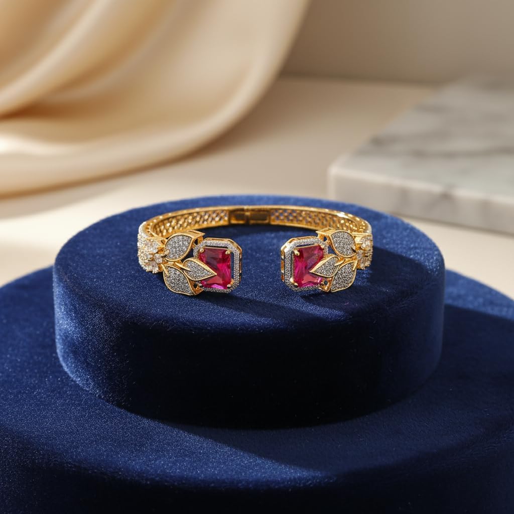 1414-Pretty Precious American Diamond Openable Kada Bracelet for Women, Gold & Silver Plating, Cubic Zirconia, One Size, Party & Wedding-Ruby