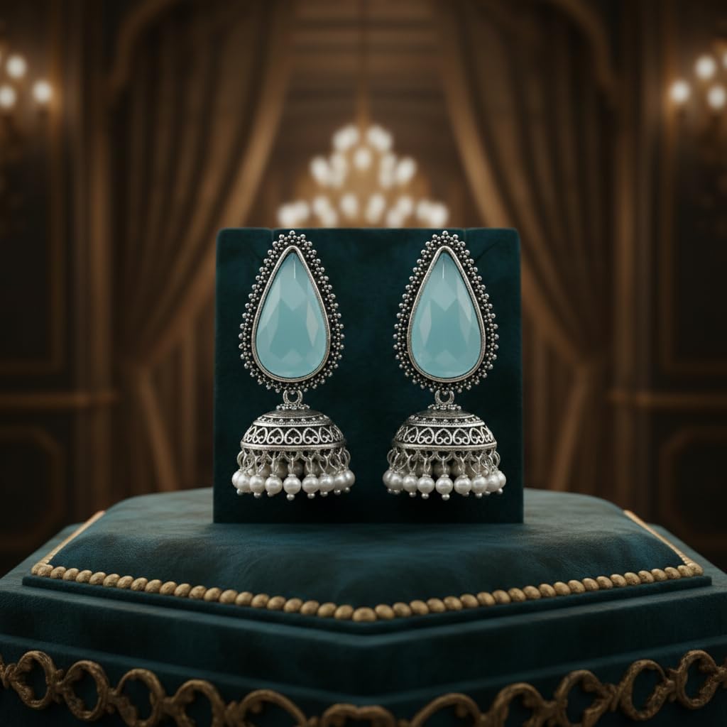 1532-Pretty Precious Oxidised Silver Stylish Party Wear Earrings for Women and Girls-Aqua & Green