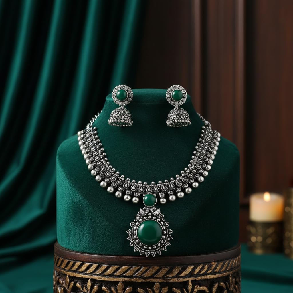 1562-Pretty Precious Latest Stylish Traditional Oxidised Silver Necklace Jewellery Set for Women | Antique Finish Ethnic Necklace with Matching Earrings | Festive & Party Wear-Green Colour