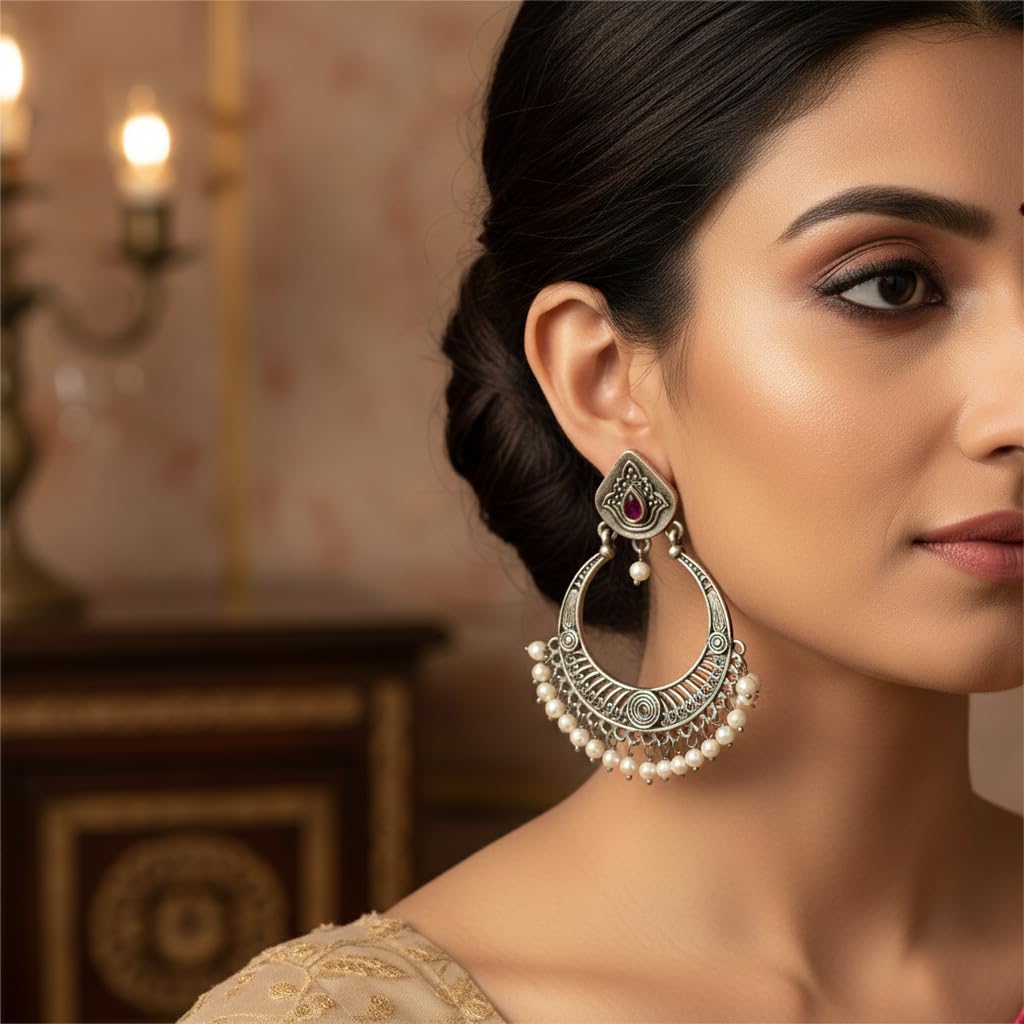 1530-Pretty Precious Oxidised Silver Stylish Party Wear Earrings for Women and Girls-Ruby