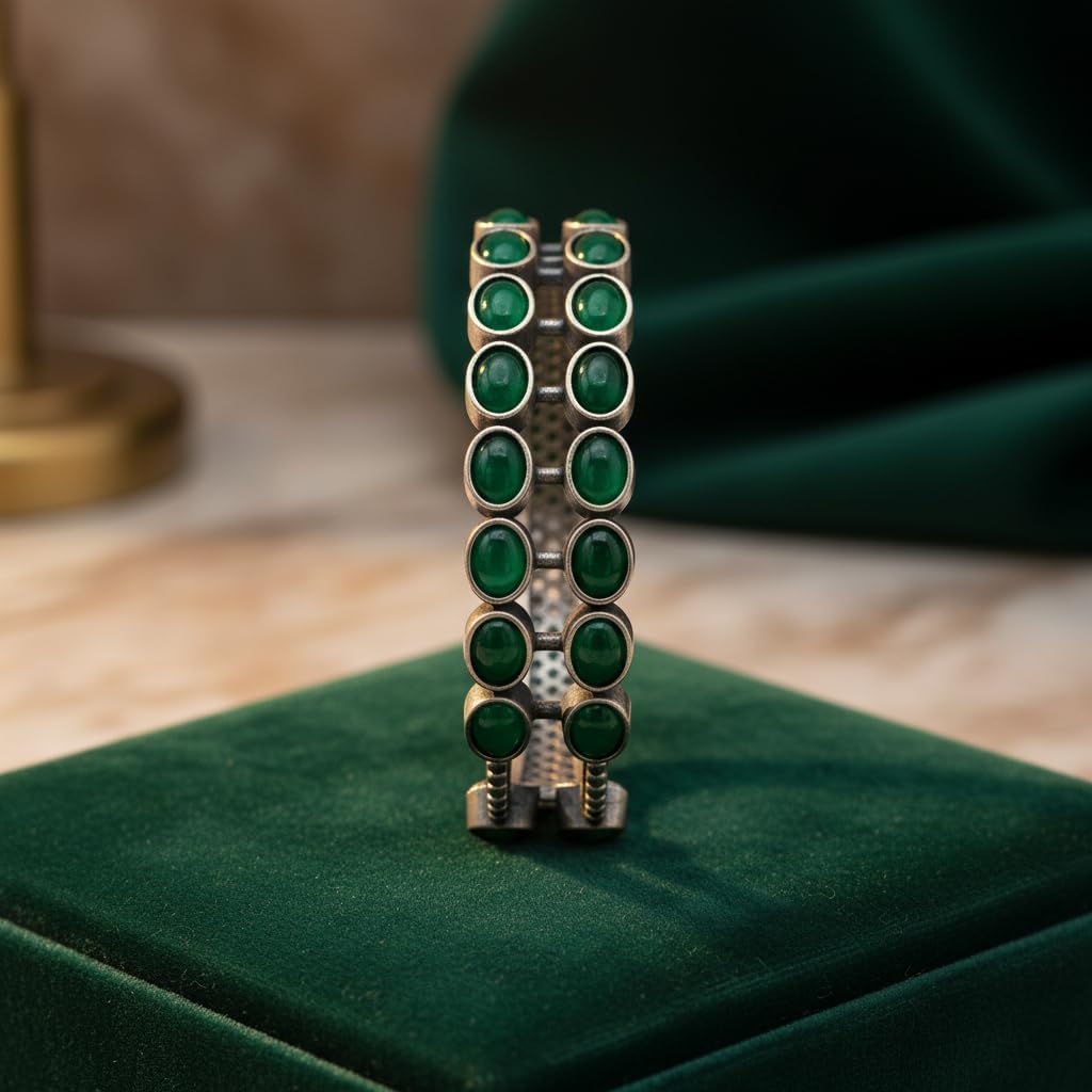 1502-Pretty Precious Oxidised Silver Look Screw Openable Kada Bracelet for Women & Girls | Ethnic & Party Wear Jewellery-Green
