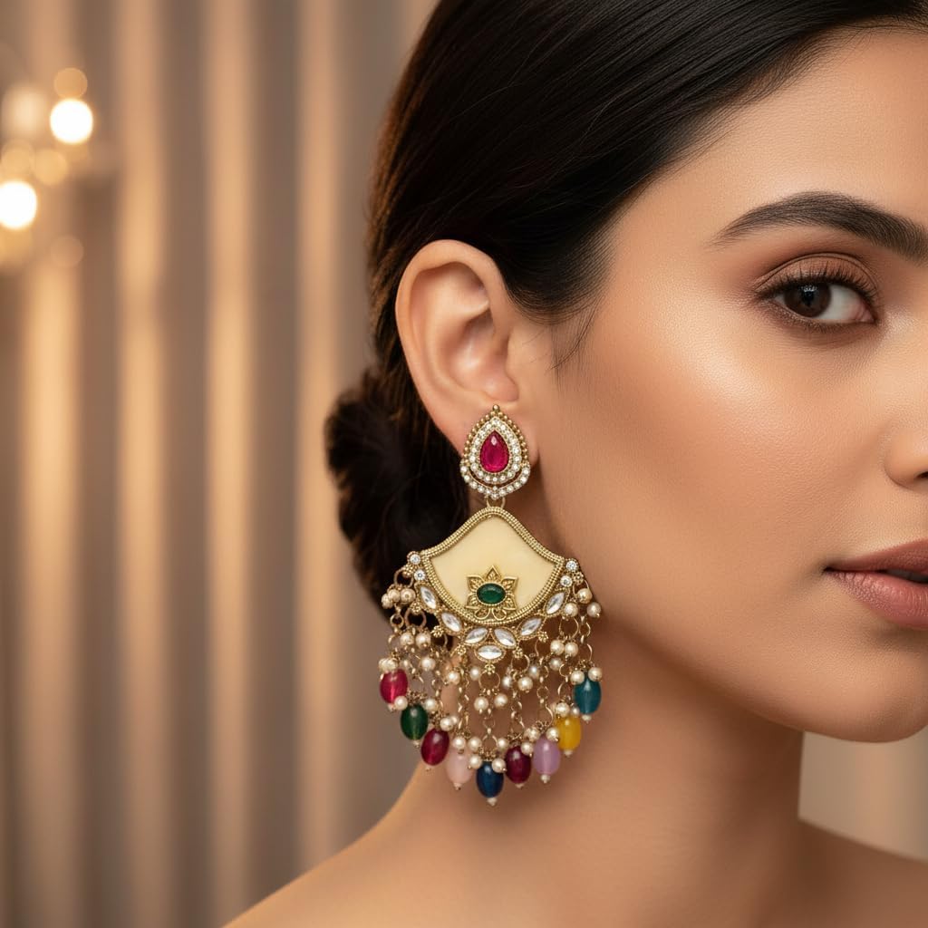 112824-Pretty Precious Traditional Kundan Earring Stylish Party Wear Earrings for Women and Girls-Mehndi Plating-Multicolour