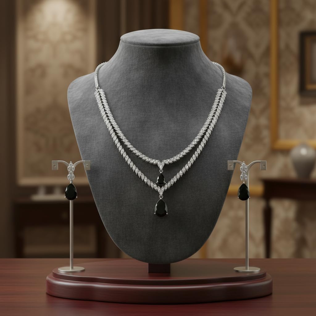 434518-Pretty Precious American Diamond Rhodium Plated Layered Necklace and Earrings Set, Black Teardrop Stone, Wedding Party Evening Jewellery for Women and Girls-Black