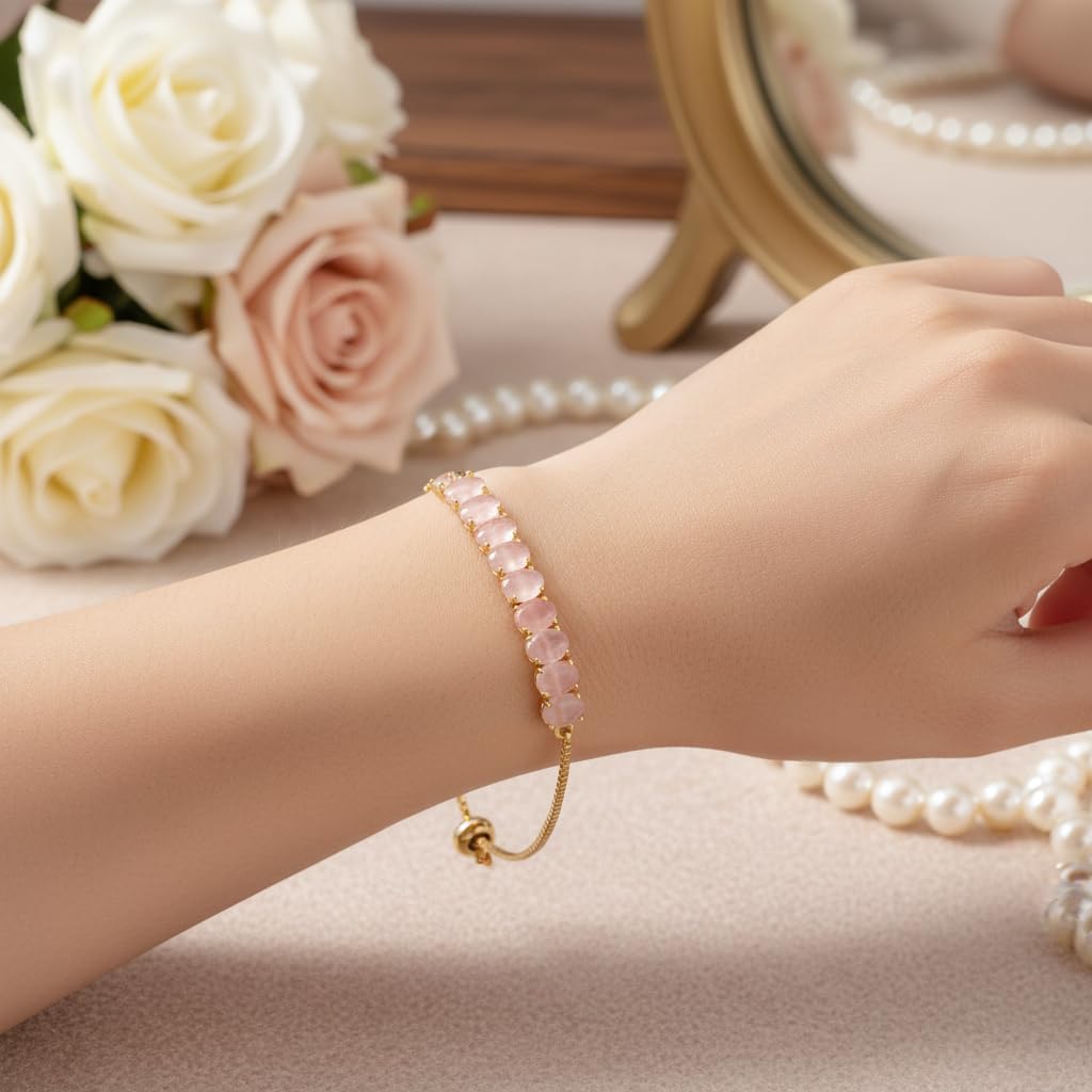 440738-Pretty Precious Gold Plated Cubic Zirconia Adjustable Chain Bracelet for Women | Elegant CZ Bracelet | Party, Wedding & Daily Wear Jewellery-Pink