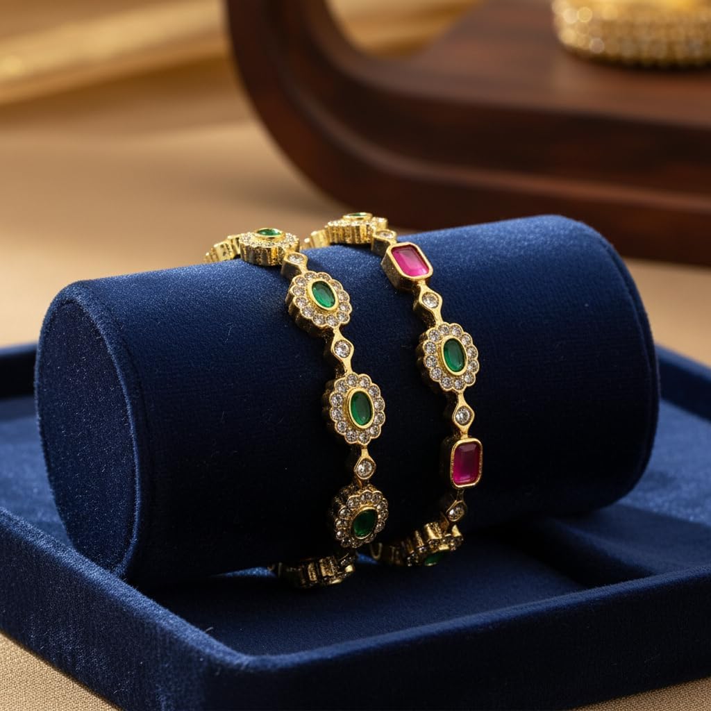 1488-Pretty Precious Gold Plated Cubic Zirconia/American Diamond Traditional Bangles/Bracelet Set of 2 for Women and Girls- Ruby Green (Size 2.4)