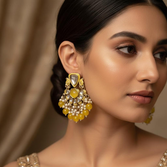 112519-Pretty Precious Traditional Kundan Earring Stylish Party Wear Earrings for Women and Girls-Mehndi Plating-Yellow