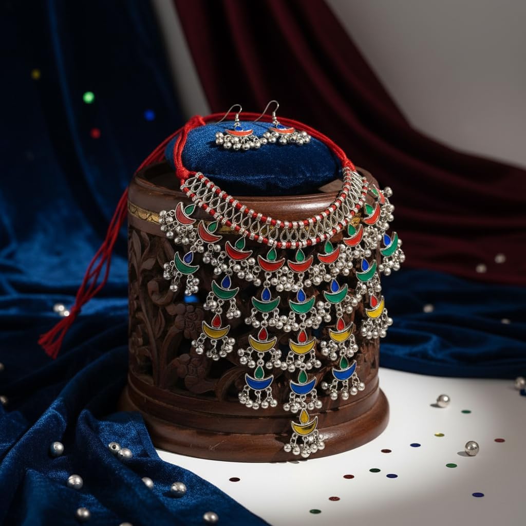 1560-Pretty Precious Latest Stylish Traditional Oxidised Silver Necklace Jewellery Set for Women | Antique Finish Ethnic Necklace with Earrings | Festive & Party Wear-Multi Colour Afghani Style