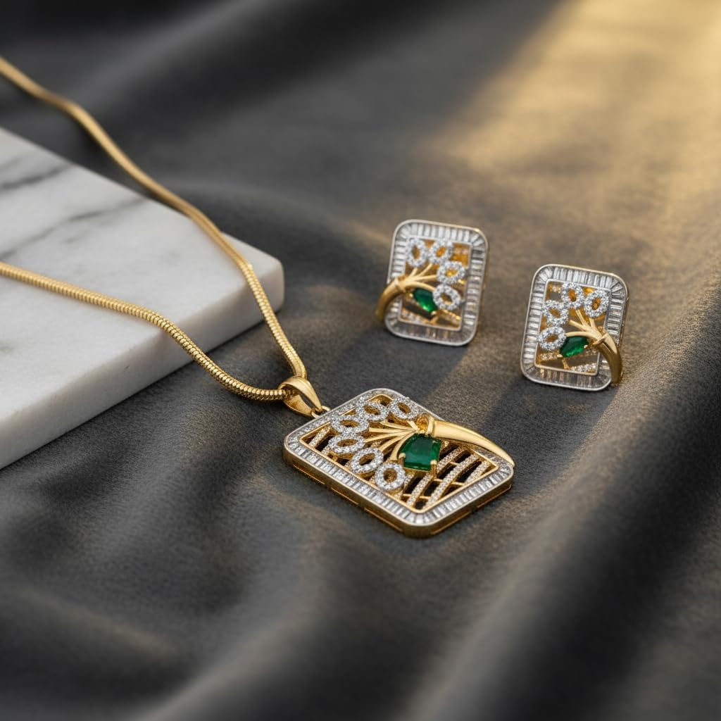 1385-Pretty Precious AD Two Tone Pendant Set for Women, American Diamond with Earrings and Chain, Party Wedding Daily Wear Jewellery-Green