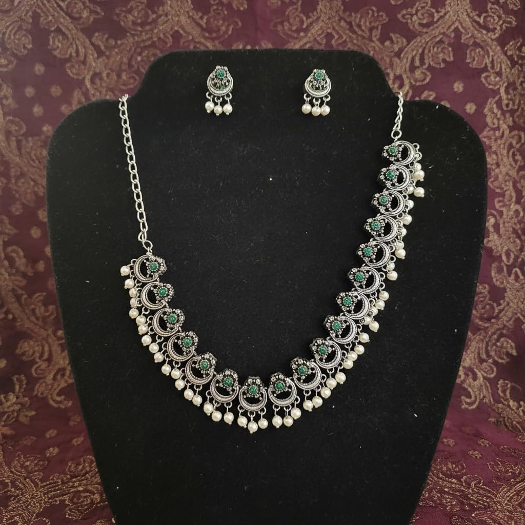 1557-Pretty Precious Latest Stylish Traditional Oxidised Silver Necklace Jewellery Set for Women | Antique Finish Ethnic Necklace with Matching Earrings | Festive & Party Wear-Green Colour