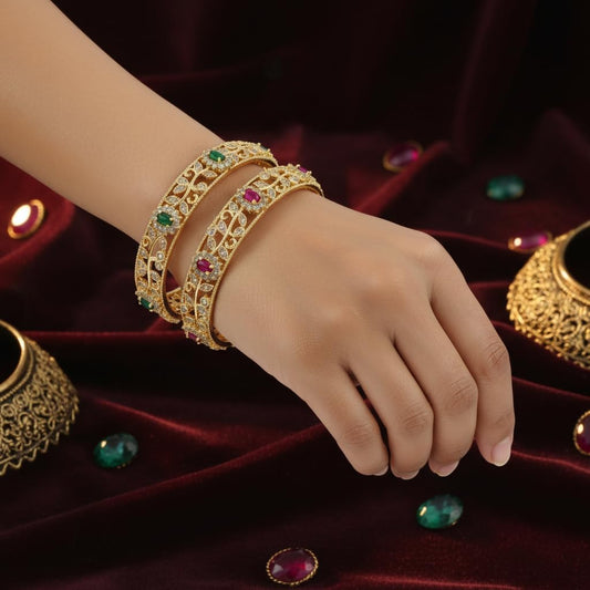 1497-Pretty Precious Gold Plated Cubic Zirconia/American Diamond Traditional Bangles/Bracelet Set of 2 for Women and Girls- Ruby Green (Size 2.6)