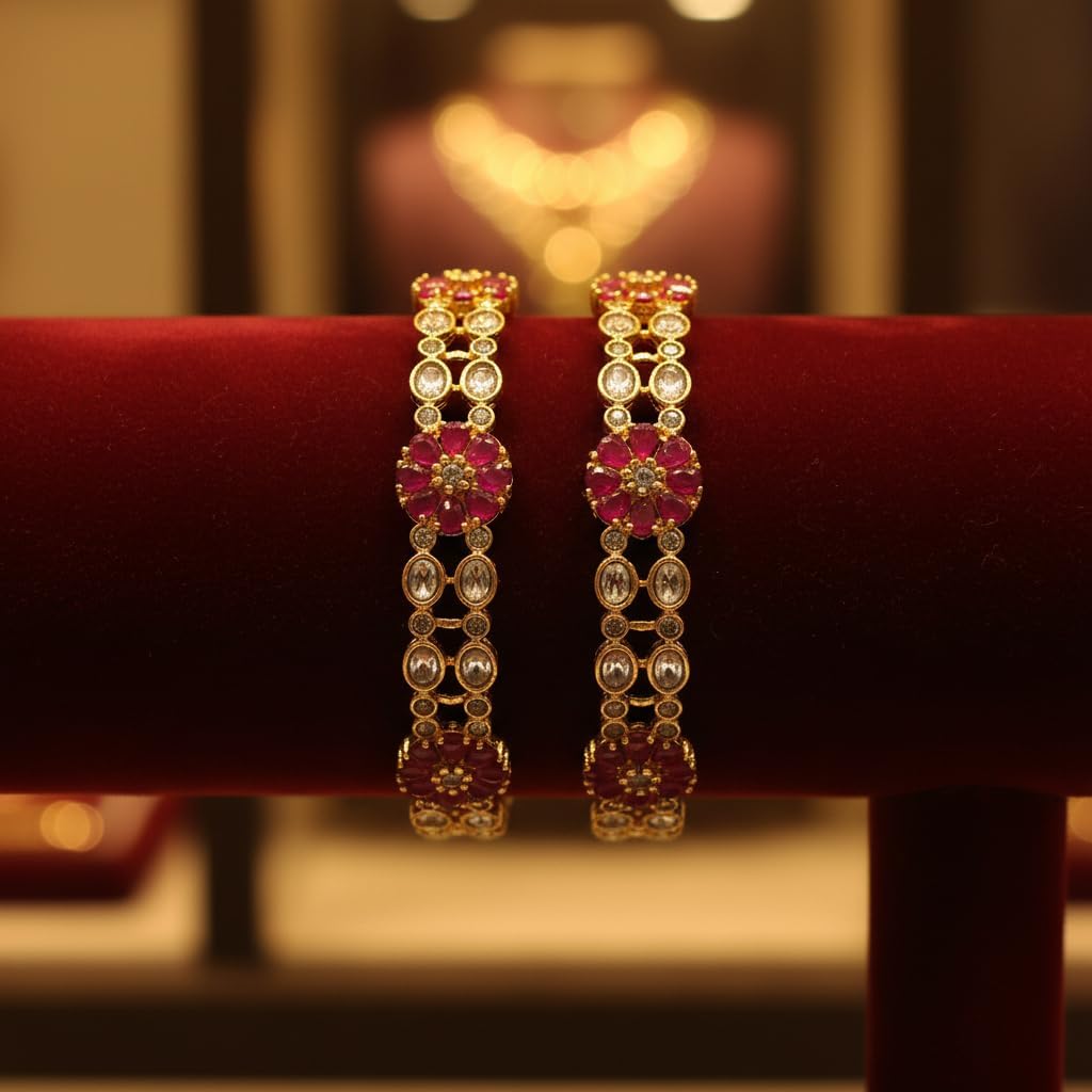 1489-Pretty Precious Gold Plated Cubic Zirconia/American Diamond Traditional Bangles/Bracelet Set of 2 for Women and Girls- Ruby (Size 2.8)