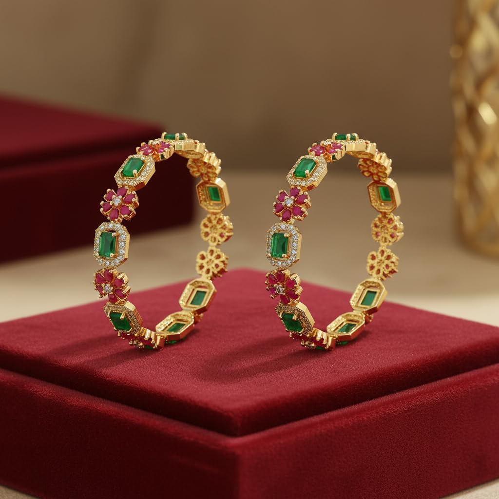 1490-Pretty Precious Gold Plated Cubic Zirconia/American Diamond Traditional Bangles/Bracelet Set of 2 for Women and Girls- Ruby Green (Size 2.6)